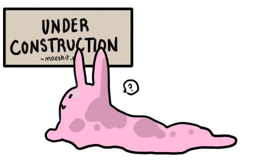 a bunny-shaped slime looking confused at a sign that reads Under Construction.